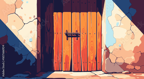 A stylized illustration of a locked wooden door set within a sun-drenched, crumbling alleyway with strong shadows.