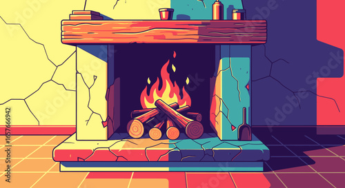 A colorful, stylized illustration of a cozy fireplace with a warm, crackling fire.