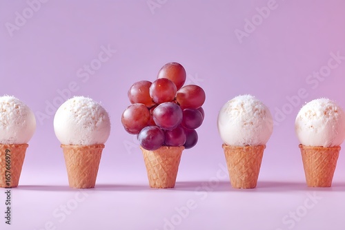 Ice cream cones and grapes on a purple background offer a refreshing summer treat and a healthy alternative
