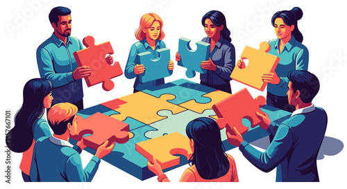 Diverse group of business professionals collaborating to complete a large jigsaw puzzle together.