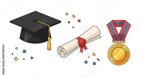 Graduation Celebration Cap, Diploma, and Medal, an illustration for academic success