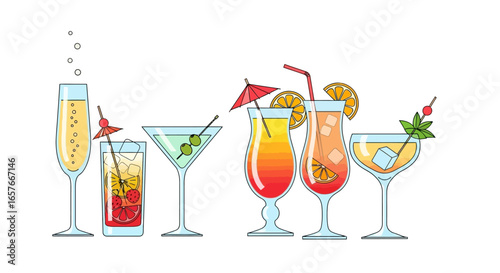 A Collection of Colorful and Refreshing Alcoholic Beverages on a White Background
