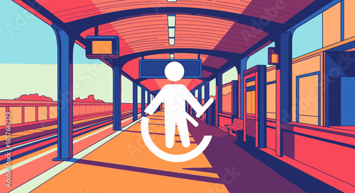 Stylized illustration of a universal person icon standing on a vibrant, empty train station platform, depicted in a modern graphic style.