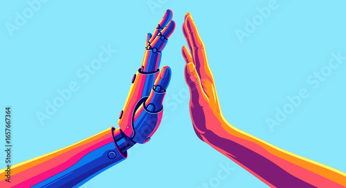 A vibrant illustration of a human hand and a robotic hand connecting, symbolizing human-AI collaboration and future technology.