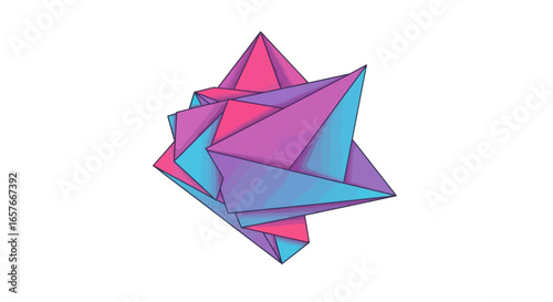 Abstract geometric shape with vibrant pink and blue gradient facets on white background