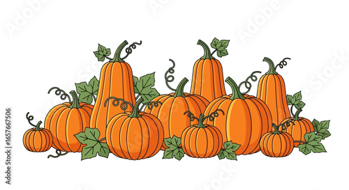 Stylized illustration of a vibrant autumn pumpkin display, featuring a bounty of orange squash with green foliage, perfect for seasonal harvest themes.