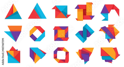 Abstract geometric shapes in origami style, colorful paper folding designs