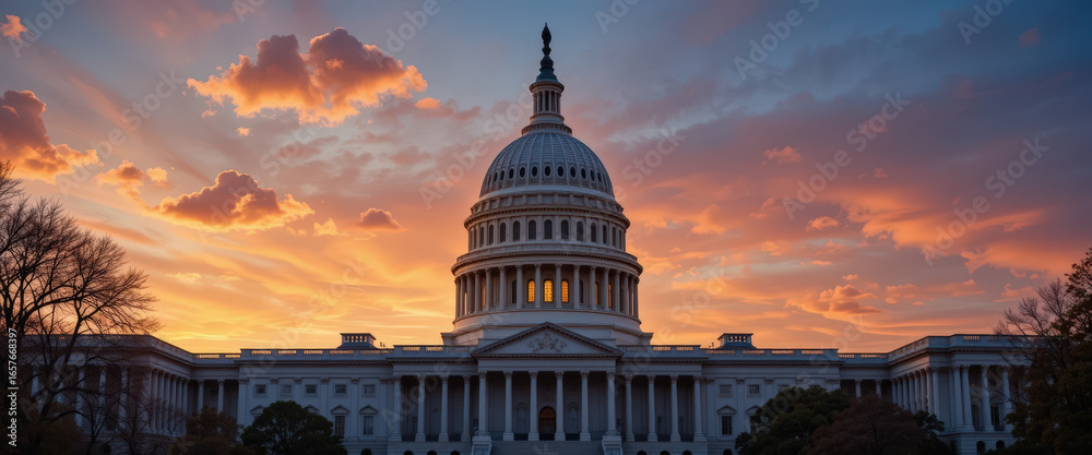 Fototapeta premium Sunset over the u.S. Capitol building washington d.C. Landscape photography evening sky wide angle government architecture