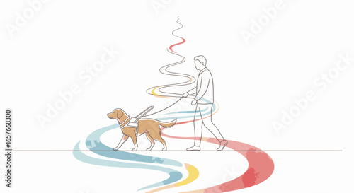 A minimalist line art illustration of a visually impaired person walking with a guide dog, surrounded by colorful abstract swirls.