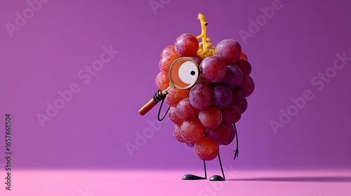 Bunch of grapes character holding a magnifying glass in a conceptual and playful still life against a purple background