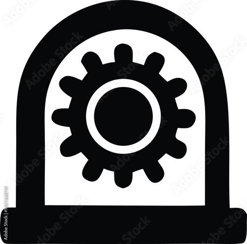 Stylized black silhouette of a gear within a protective archway or enclosure symbol