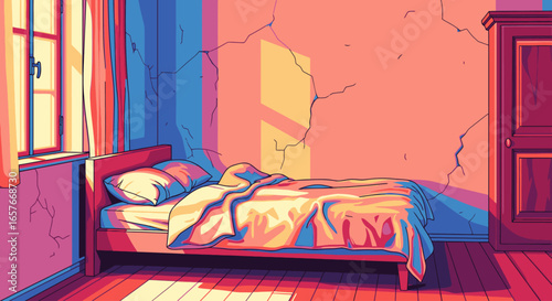 Sunlight streams into a quiet bedroom, illuminating an unmade bed and cracked walls in a colorful, illustrative style.