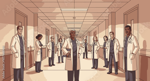 An illustration of a diverse team of doctors and medical professionals standing together in a long hospital corridor.