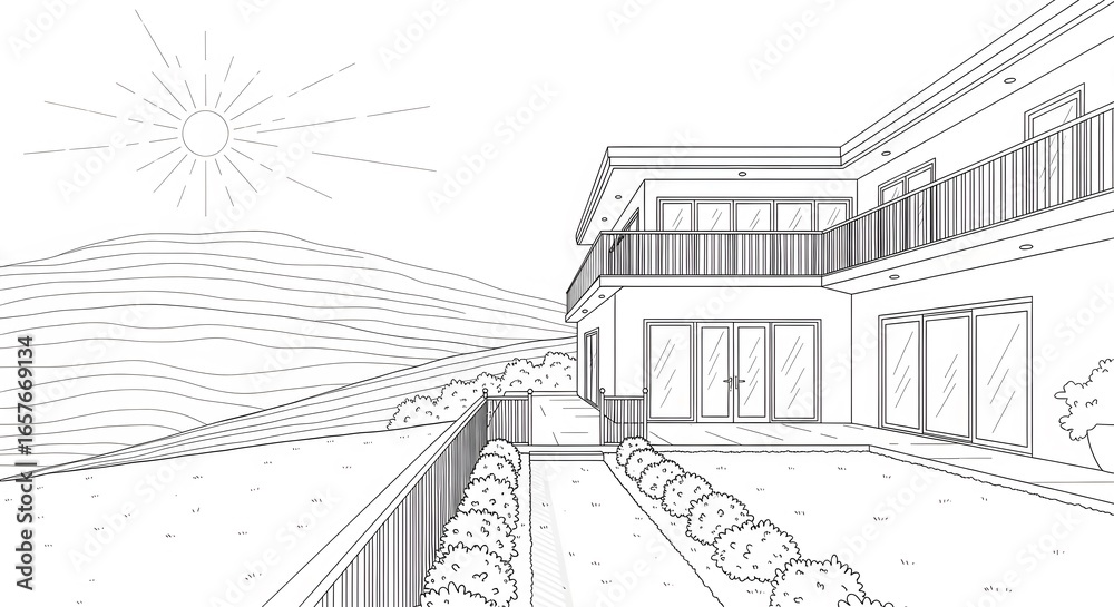 Fototapeta premium Modern House Sketch with Balcony and Rolling Hills Landscape
