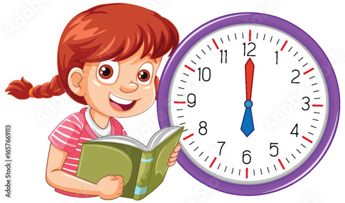 Smiling Girl Reading Book Beside Large Wall Clock