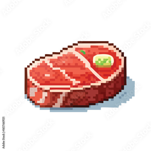 Pixelated illustration of a cooked steak with a pat of butter, showcasing detail and texture.