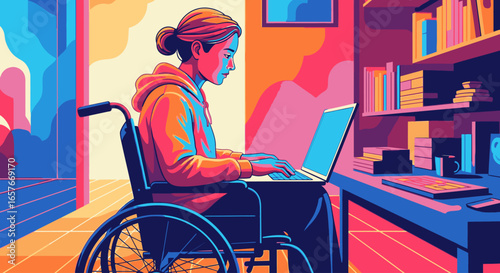 Vibrant illustration of a person with a disability in a wheelchair working remotely on a laptop at their desk.