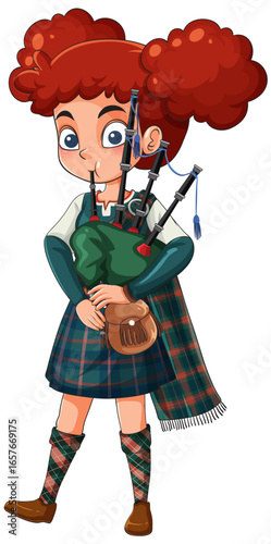 Red-Haired Girl Playing Bagpipes in Tartan Outfit