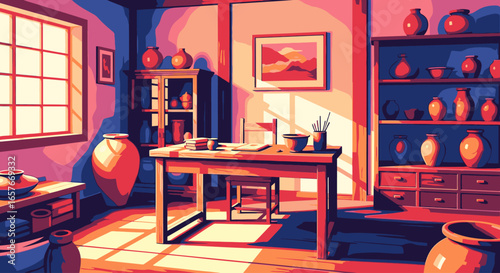 A sunlit potter's studio illustrated in warm red and cool blue tones, filled with ceramic vases.