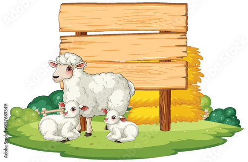 Mother Sheep and Lambs Resting by Wooden Sign