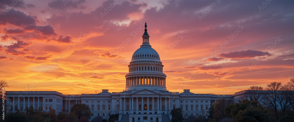 Fototapeta premium Majestic sunset over the capitol building washington d.C. Landscape photography urban environment wide angle government concept