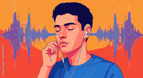 A young man with eyes closed peacefully listens to music on earbuds, with a vibrant soundwave visualizing the audio.