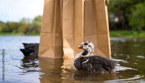 A small, fluffy duckling floats gently on the water, surrounded by brown paper bags, suggesting environmental concerns.