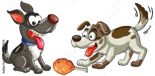 Two Cartoon Dogs Excited Over Chicken Drumstick