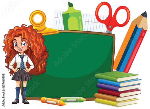 Schoolgirl Standing by Chalkboard with School Supplies