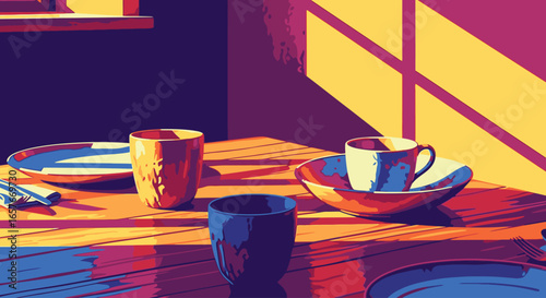 A vibrant, stylized illustration of a sunlit table with cups and plates cast in dramatic shadows.