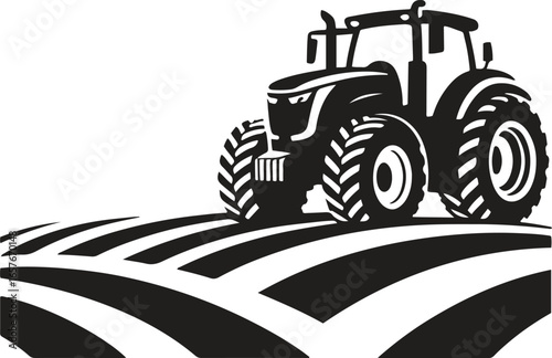 Black silhouette design of a farm tractor in field icon isolated on white background. vector illustration