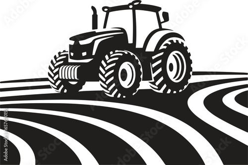 Black silhouette design of a farm tractor in field icon isolated on white background. vector illustration