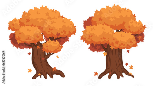 Cartoon-style autumn trees with maple leaves and textured trunks