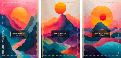 Set of abstract watercolor mountain sunset landscape backgrounds in bold gradient colors with stylized sun and layered hills, wall art and modern graphic design. Vector illustration