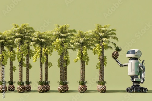 Robot harvesting pineapples and grapes from tropical palm trees a futuristic agriculture concept for innovative farming solutions