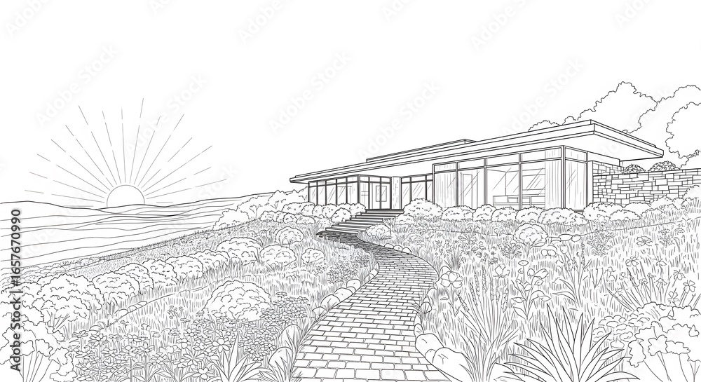 Fototapeta premium Modern Home with Lush Garden and Sunrise in Line Art