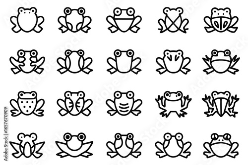 Twenty stylized frog icons in black outline on white background toad amphibian