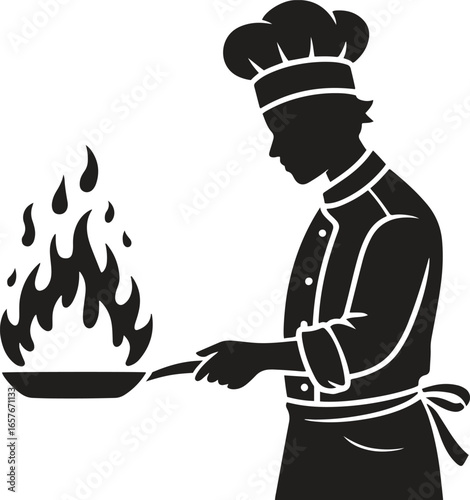 Black silhouette design of a chef cooking with a frying pan and flames icon isolated on white background. vector illustration
