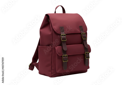 Burgundy Backpack:  Stylish Travel Bag, Casual Daypack,  Leather Accents, Buckle Closure isolated on transparent background