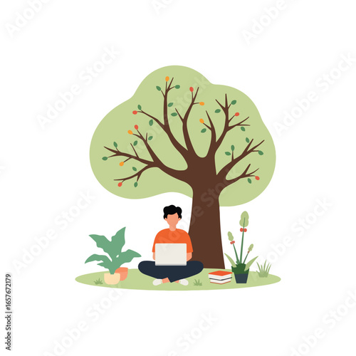 Colourful clip art of intelligent woman focused on academic study. She's writing notes, making progress on research project and learning tasks outdoors.