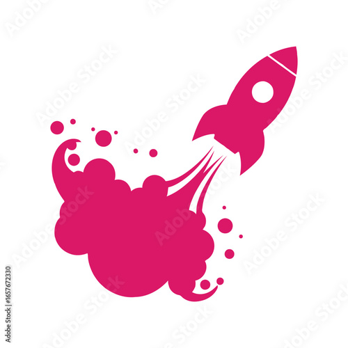 Pink rocket blasting off with smoke trail space exploration startup launch icon vector graphic