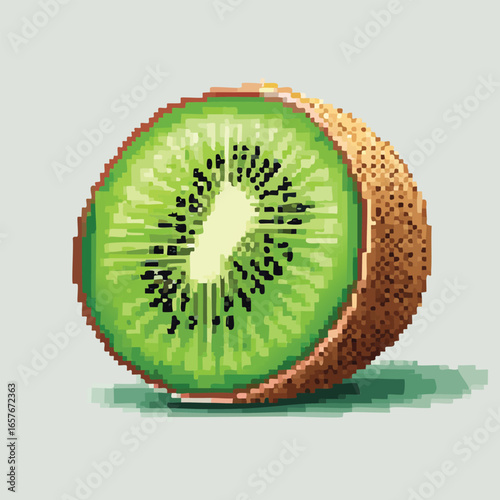 A detailed pixelated illustration of a sliced kiwi fruit, showcasing its vibrant green interior and texture.