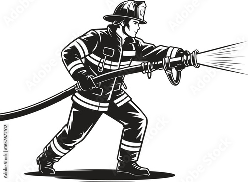 Black silhouette design of a firefighter spraying water icon isolated on white background. vector illustration