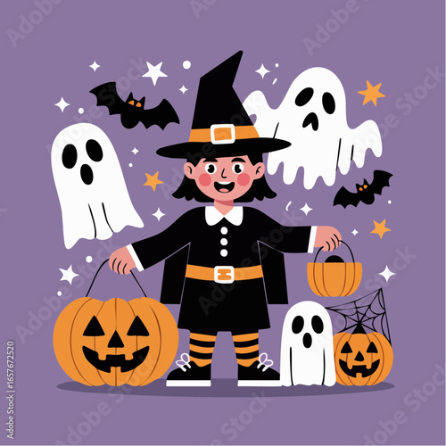 halloween background with witch and pumpkin