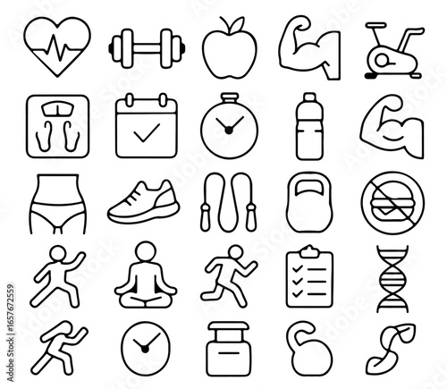 A collection of simple line icons representing different aspects of health and fitness, including workout equipment, nutrition, and wellness. 