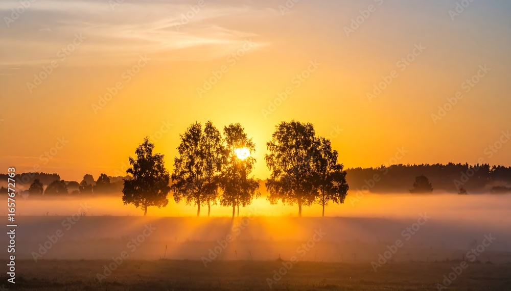 Fototapeta premium Sunrise silhouettes of trees through a foggy field