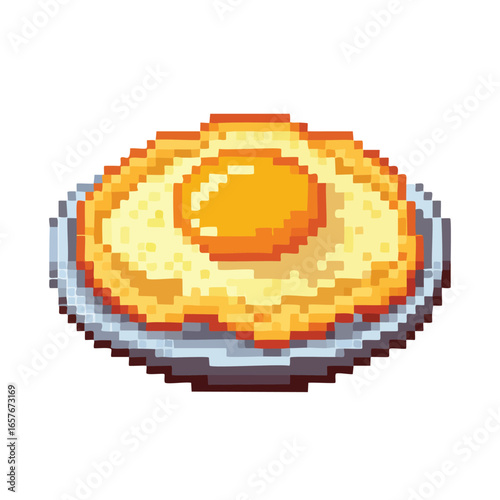 Pixelated illustration of a perfectly fried egg served on a simple, round plate, ready to eat.