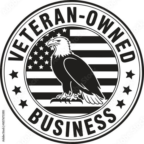 Veteran Owned Business Badge with Eagle and American Flag Patriotic Military Seal Logo