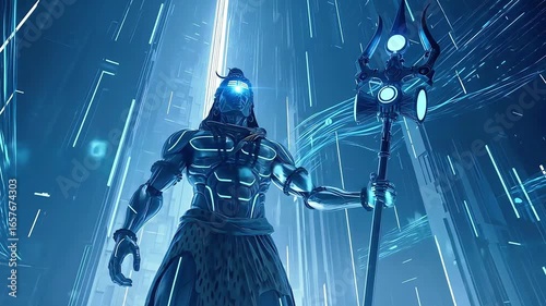 Dynamic Cybernetic Shiva Ancient Deity in Glowing Digital Universe.