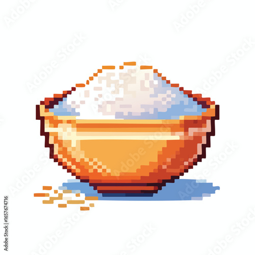 Pixelated image of a golden bowl filled with white salt, a cooking ingredient.